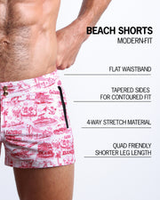 Infographic explaining the many features of these modern fit  TOILE DE MIAMI (RED) Beach Shorts by BANG! Clothes. These swimming shorts have a flat waistband, tapered sides for a contoured fit, 4-way stretch material, and quad-friendly leg length. 