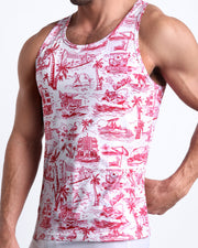 Side view of men’s casual Cotton Tank Top in TOILE DE MIAMI (RED) featuring a colorful Miami inspired artwork made by Miami based Bang brand of men's beachwear.