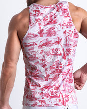 Back view of male model wearing the TOILE DE MIAMI (RED) summer breezy cotton tank top for men by BANG! Miami featuring in white with red art.