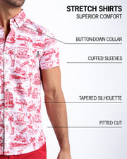 An infographic explaining the features of the men’s sleeveless Hawaiian Stretch Shirt. The shirt offers superior comfort, a fitted cut, tapered silhouette, cuffed sleeves, and a button-down collar.