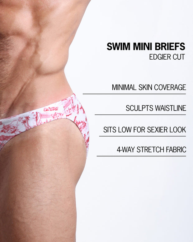 Infographic explaining the features of the TOILE DE MIAMI (RED) Swim Mini Brief made by BANG! Clothes. These edgier cut mens swimsuit are minimal skin coverage, sculpts waistline, sits low for sexier look, and 4-way stretch fabric.