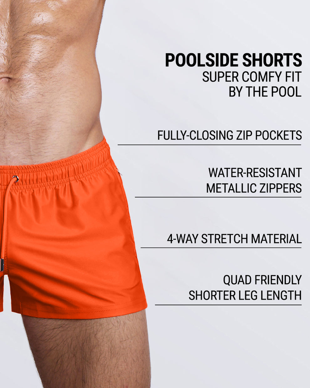 Torch DC2 Poolside Shorts—highlighting water-resistant zippers, shorter leg length, and zip pockets.