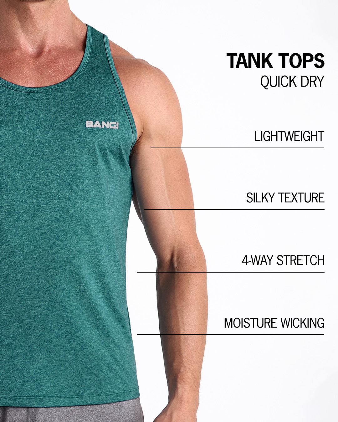 Infographic explaining how lightweight, silky texture, 4-way stretch, moistute wicking material of the BANG! clothes fitness tank top.