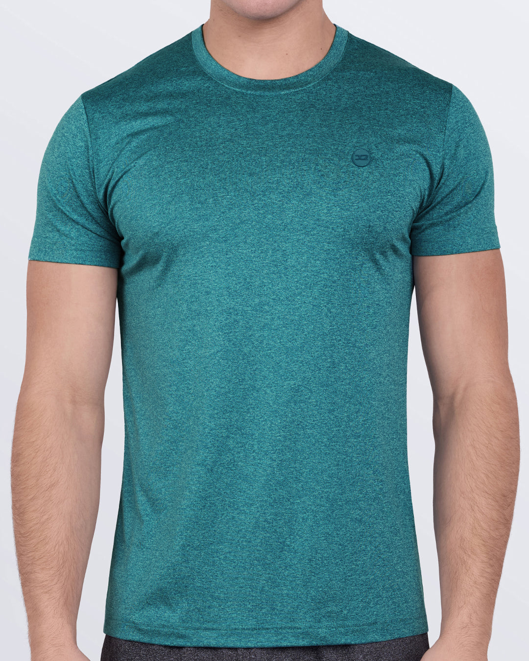 DC2 Trainer Teal Fitness T-Shirt — model wearing athletic-fit men's workout tee, in breathable stretch fabric ideal for gym, CrossFit, and fitness training.
