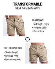TROPIC TAN BROWN Street shorts by DC2 are tranformable. You're able to wear wear them 2 ways: Hem down or rolled-up cuffs. Hem down have a mid-thigh length, full solid color, and provide a classic chino shorts look. Rolled-up cuffs provide a shorter length, provide a fun print and eye-catching look.