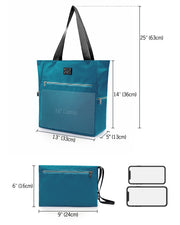 Sizing infographic for the CHIC TEAL Poolside Tote Bag by DC2 Miami. The main tote bag measures 25 inches (63 cm) in height including straps, 14 inches (36 cm) in height without straps, and 5 inches (13 cm) in depth, accommodating a 16-inch laptop. The detachable pouch measures 9 inches (24 cm) in width and 6 inches (16 cm) in height.