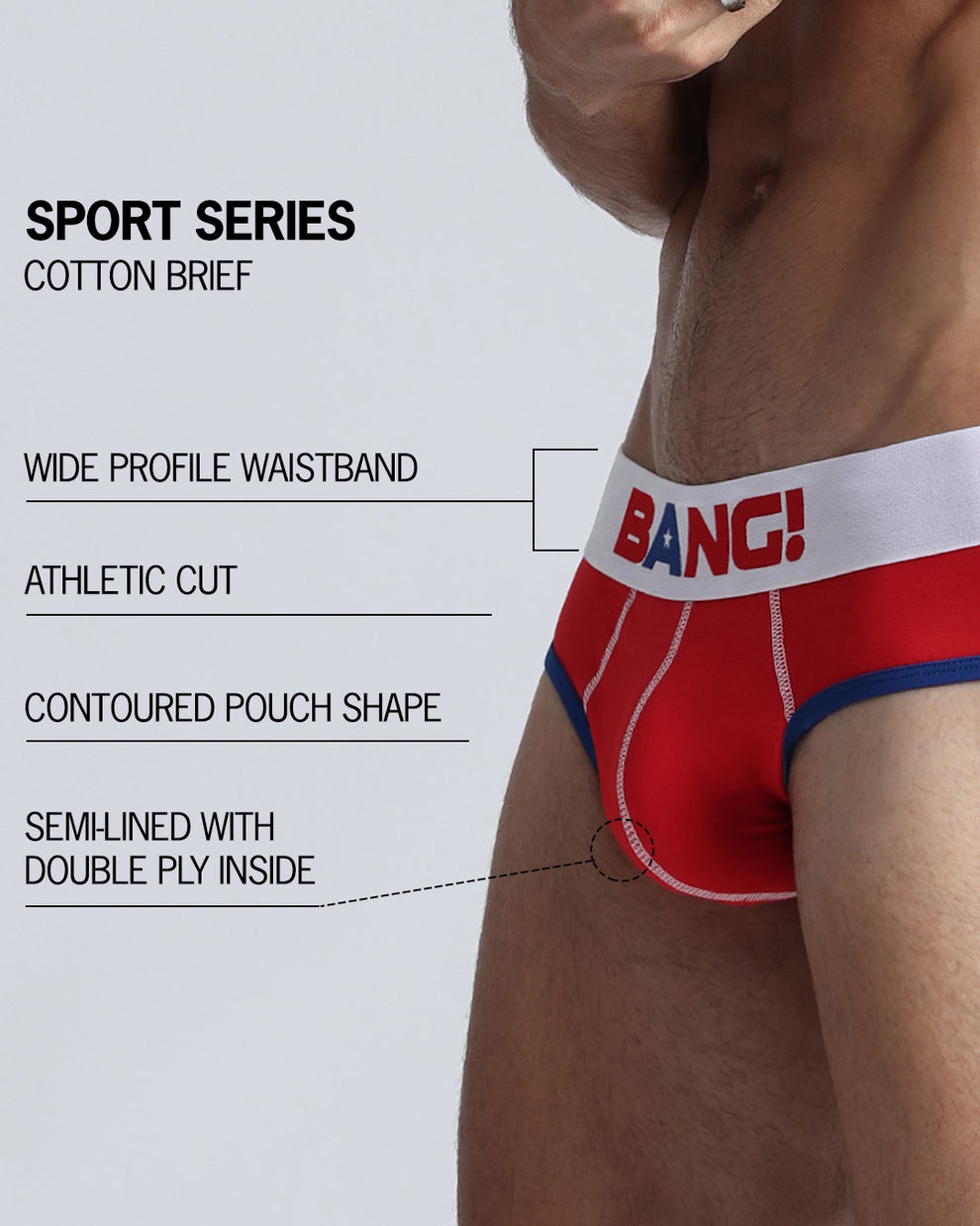 An infographic displays the premium quality of the Cotton Brief Sport Series. It features a wide profile waistband, athletic cut, contoured pouch shape, and semi-lined with double ply inside.