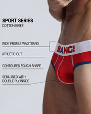 An infographic displays the premium quality of the Cotton Brief Sport Series. It features a wide profile waistband, athletic cut, contoured pouch shape, and semi-lined with double ply inside.