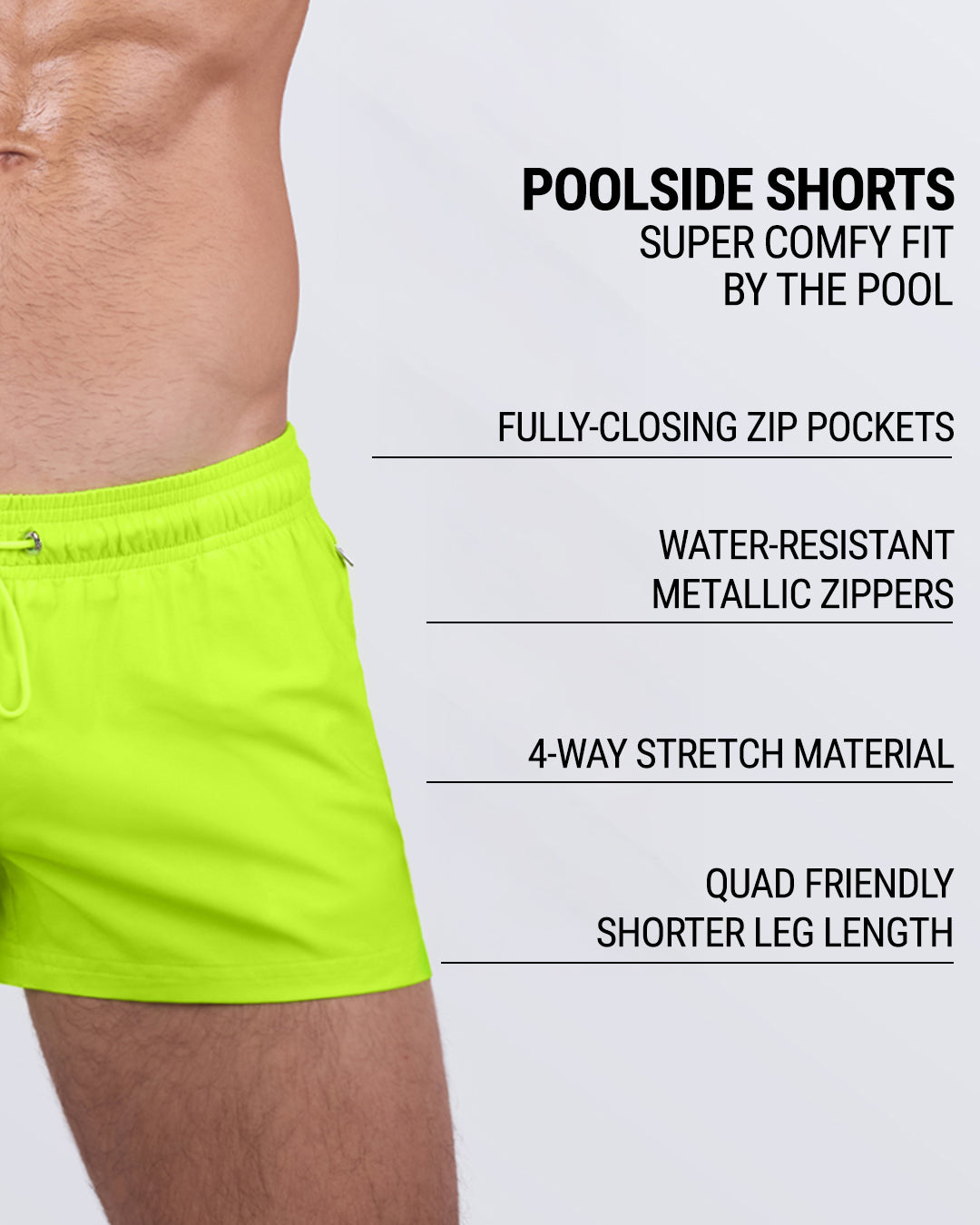 DC2 Ultra Neon Poolside Shorts — feature graphic showing zip pockets, water-resistant zippers, and quad-friendly fit.