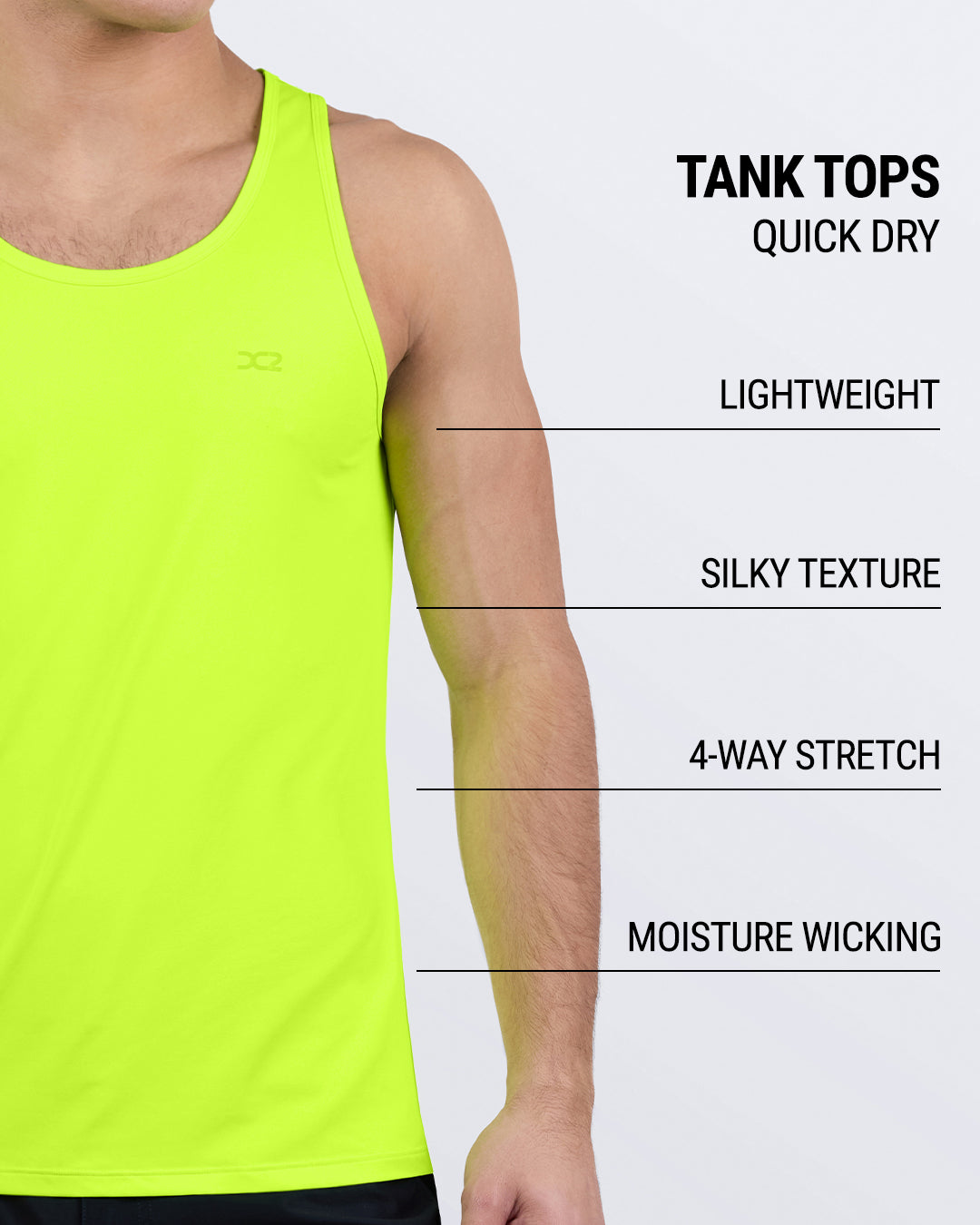 DC2 Ultra Neon Gym Tank Top — feature graphic highlighting quick-dry, lightweight, and moisture-wicking design.