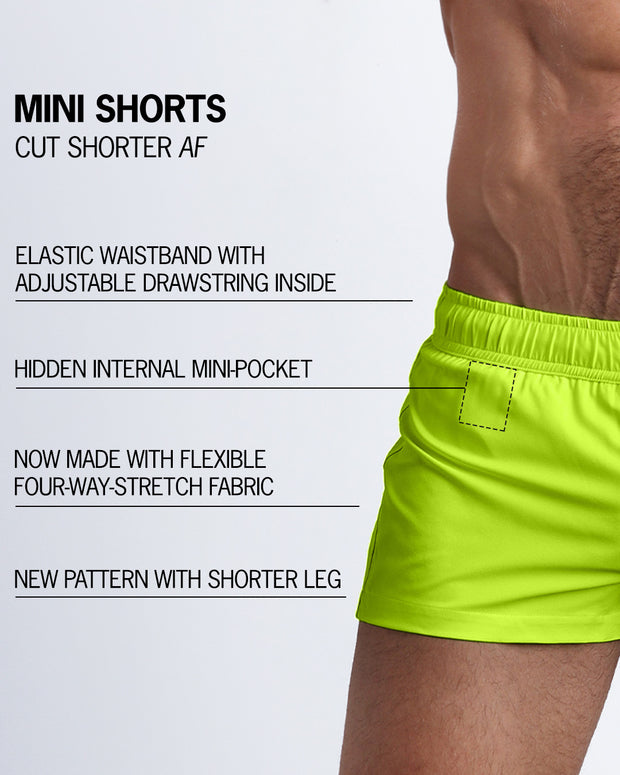 Infographic explaining the ULTRA NEON Mini Shorts features and how they&