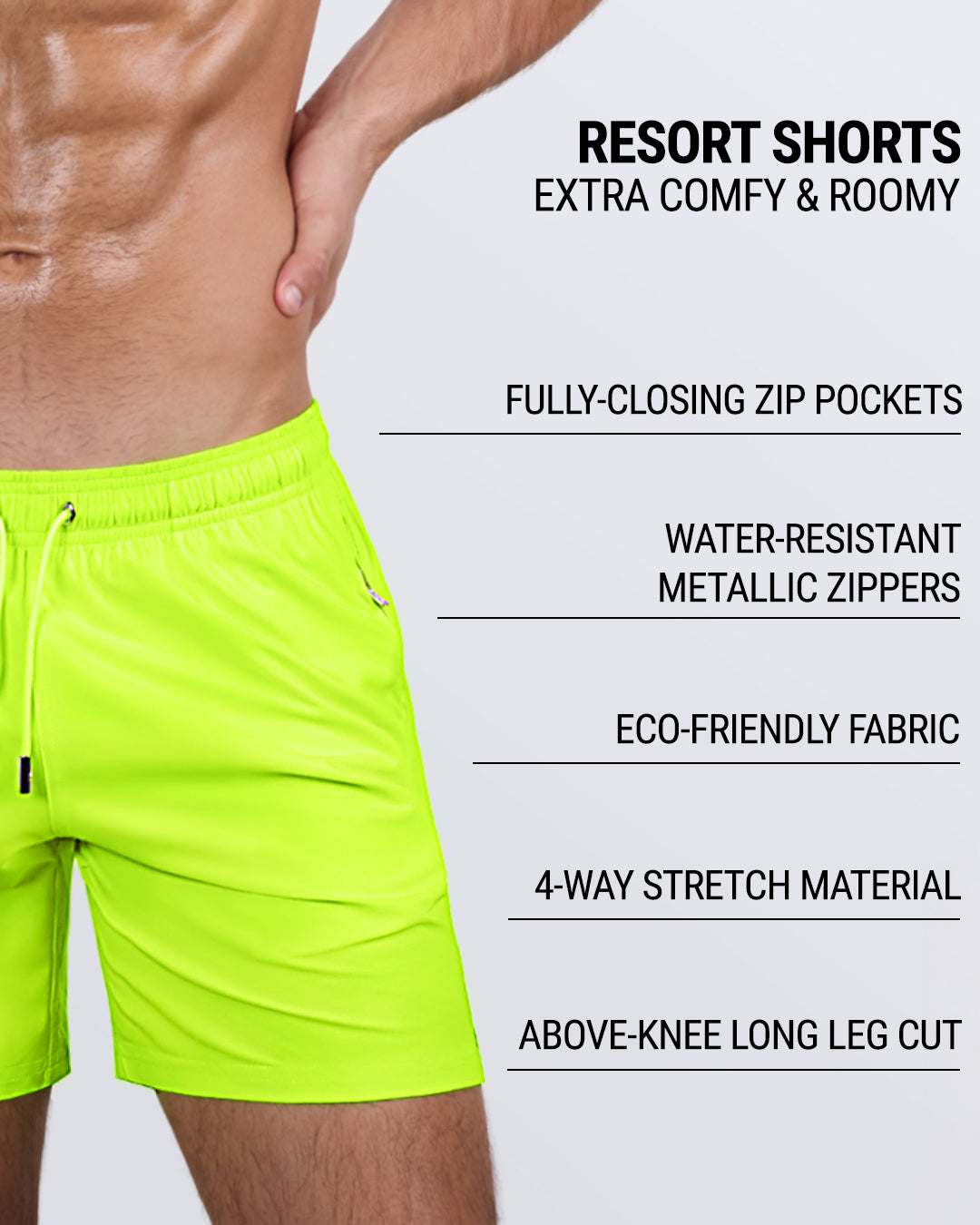 DC2 Ultra Neon Resort Shorts — feature graphic showing zip pockets, eco-friendly fabric, and 4-way stretch.