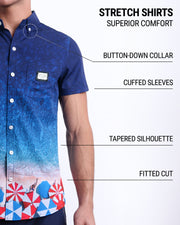 Infographic displaying the contemporary fit of DC2 men's sleeveless Hawaiian Stretch Shirt. This button up shirt features a button-down collar, cuffed sleeves, tapered silhouette, and a fitted cut. 