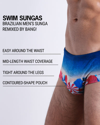 Infographic explaining the Brazilian Men's Swim Sunga remixed by BANG! These Swim Sunga are easy around the waist, are mid-length waist coverage, are tight aroung the legs, and have contoured-shape pouch.