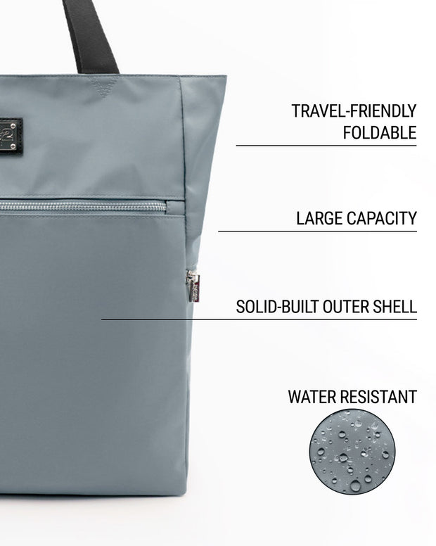 Infographic highlighting the key features of the VACAY GRAY Poolside Tote Bag by DC2 Miami. The image showcases the bag&