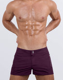 Frontal view of a sexy male model wearing sleek dark berry red men's beach shorts by DC2 Miami, a premium swimwear brand. Designed for style and comfort, these modern-fit swim shorts offer a tailored look perfect for beach days, poolside lounging, and summer adventures.