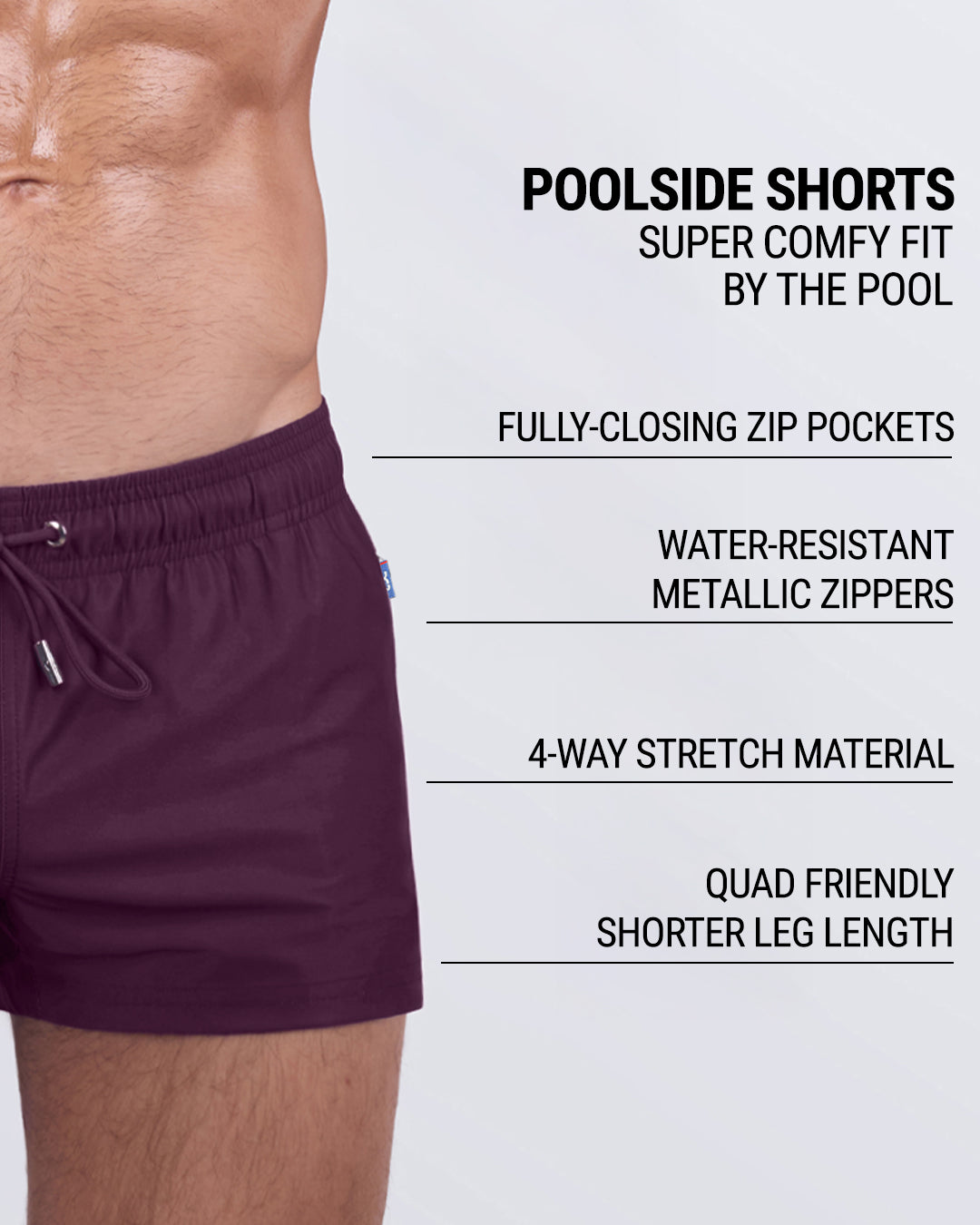 VERY BERRY poolside shorts displayed with key features: metallic zip pockets, 4-way stretch, quick-dry material, and flattering quad-length in a juicy berry hue.