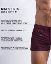 Infographic explaining the VERY BERRY Mini Shorts features and how they're cut shorter. They have an elastic waistband with an adjustable drawstring inside, they have a hidden internal mini-pocket, now made with flexible four-way stretch fabric and a new pattern with shorter legs.