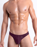 DC2 Very Berry Swim Mini Brief — model wearing low-rise men’s swim mini brief with sculpted front pouch and minimal coverage.