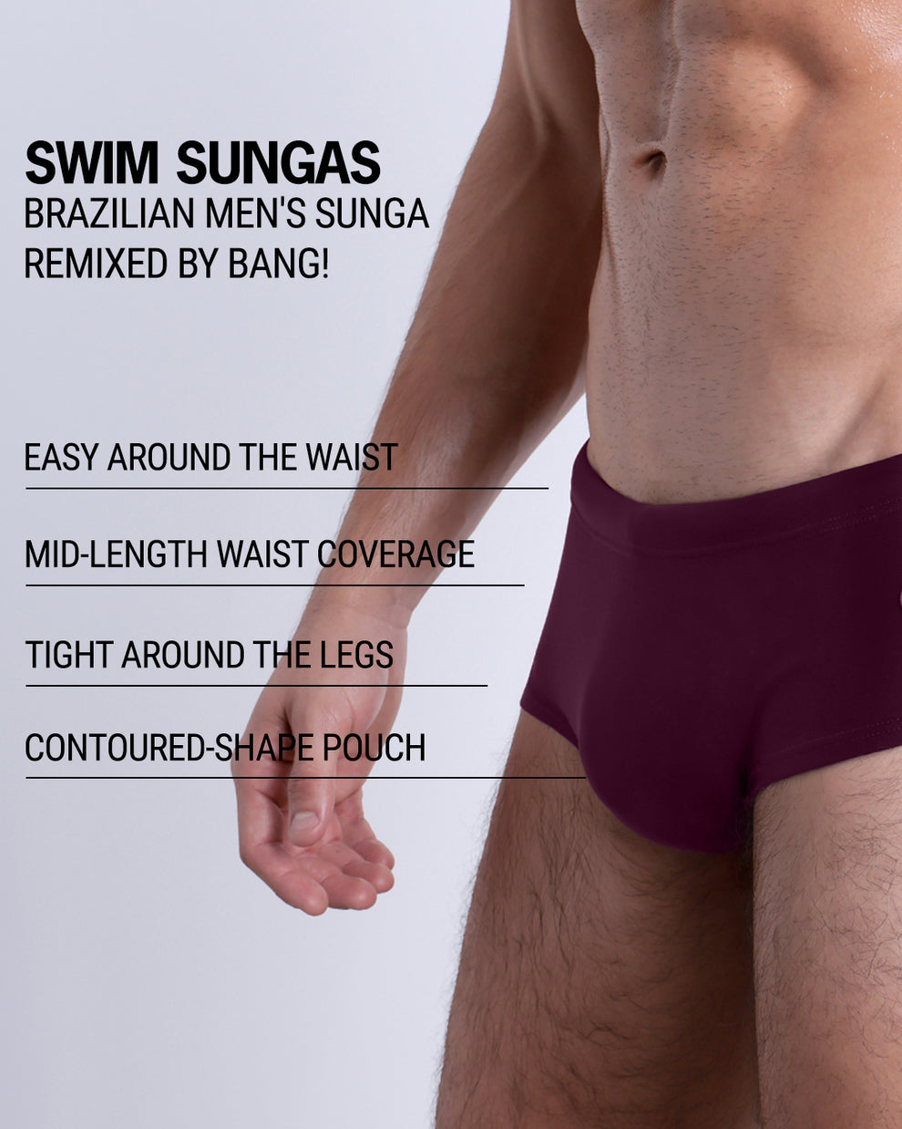 Infographic explaining the Brazilian Men's Swim Sunga remixed by BANG! These Swim Sunga are easy around the waist, are mid-length waist coverage, are tight around the legs, and have contoured-shape pouch.