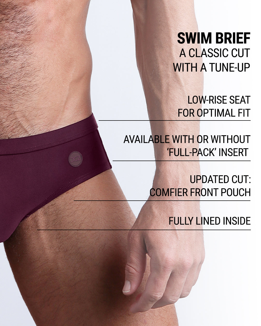 Product details graphic of VERY BERRY swim briefs — showcasing low-rise fit, ‘Full-Pack’ insert option, and updated comfort features.