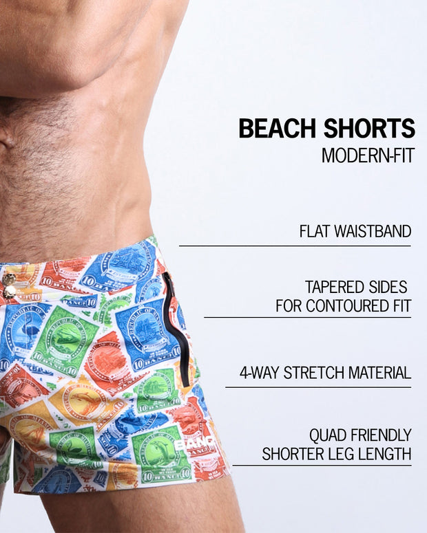 Infographic explaining the many features of these modern fit VIA POSTAL Beach Shorts by BANG! Clothes. These swimming shorts have a flat waistband, tapered sides for a contoured fit, 4-way stretch material, and quad-friendly leg length. 