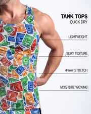 An infographic explaining the features of the lightweight, silky texture, 4-way stretch, and moisture-wicking material of the BANG! fitness tank top.