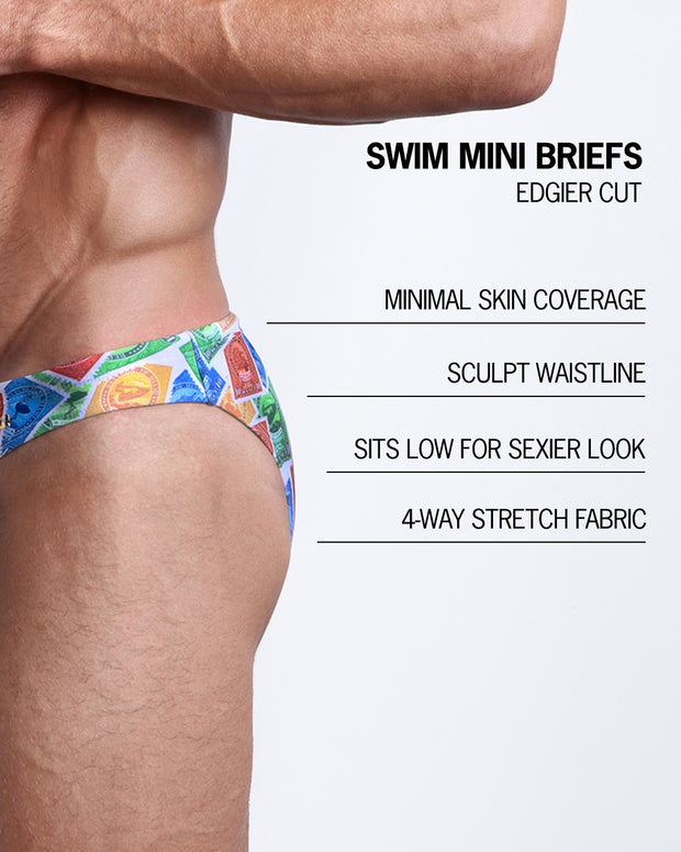 Infographic explaining the features of the VIA POSTAL Swim Mini Brief made by BANG! Clothes. These edgier cut mens swimsuit are minimal skin coverage, sculpts waistline, sits low for sexier look, and 4-way stretch fabric.