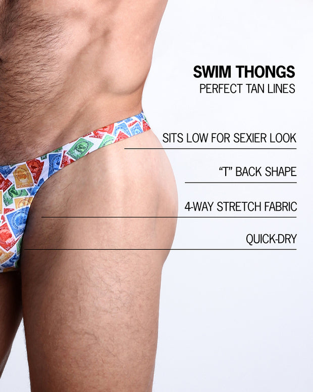 Infographic explaining the many features of the BANG! Clothes VIA POSTAL Swim Thongs. These Summer speedo fit men&