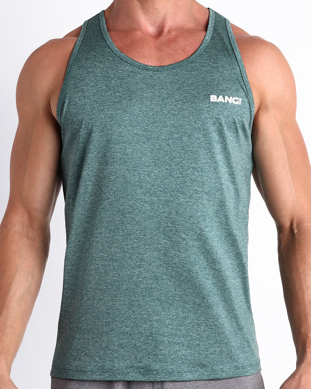 Frontal view of male model wearing the VIKING GREEN in a solid marbled green light teal color gym tank top for men by the Bang! brand of men&