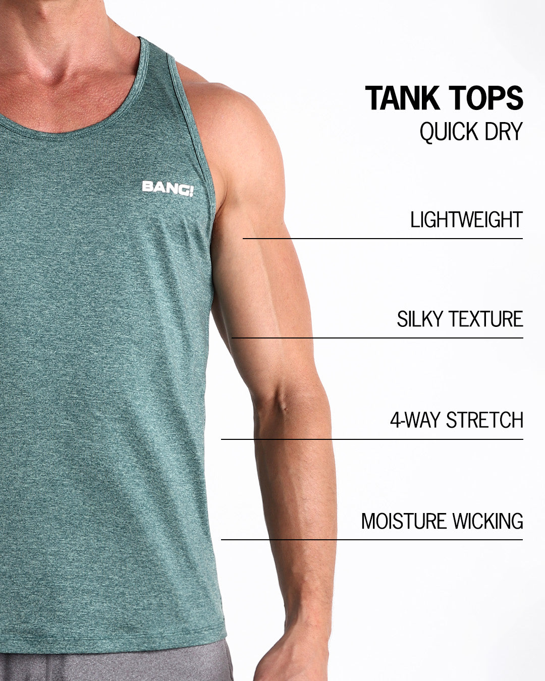 Infographic explaining feather soft fit, sweat proof, lightweight material of the BANG! clothes fitness tank top.