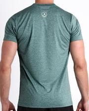 Back view of the VIKING GREEN men's fitness shirt in a light teal color by BANG! menswear Miami.