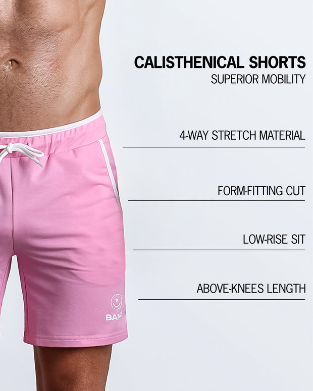 An infographic explaining the features of the men’s Calisthenical Shorts. These shorts offers superior mobility, a form-fitting cut, a low-rise sit, above-knee length, and 4-way stretch material.