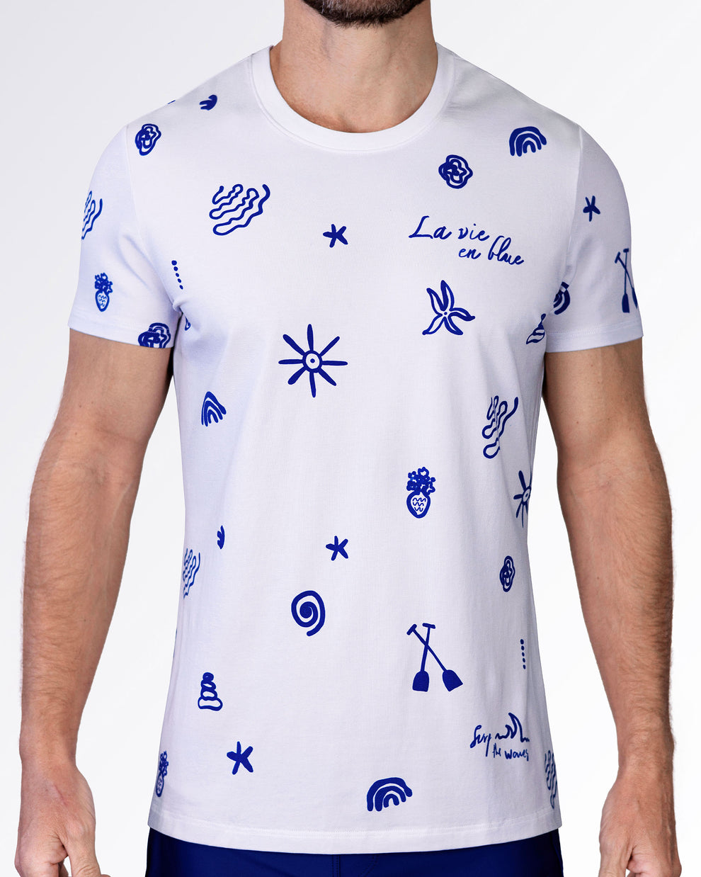 Viva La Vida (Blue) cotton graphic T-shirt by DC2 Miami with royal blue hand-drawn artwork on a crisp white short-sleeve tee.