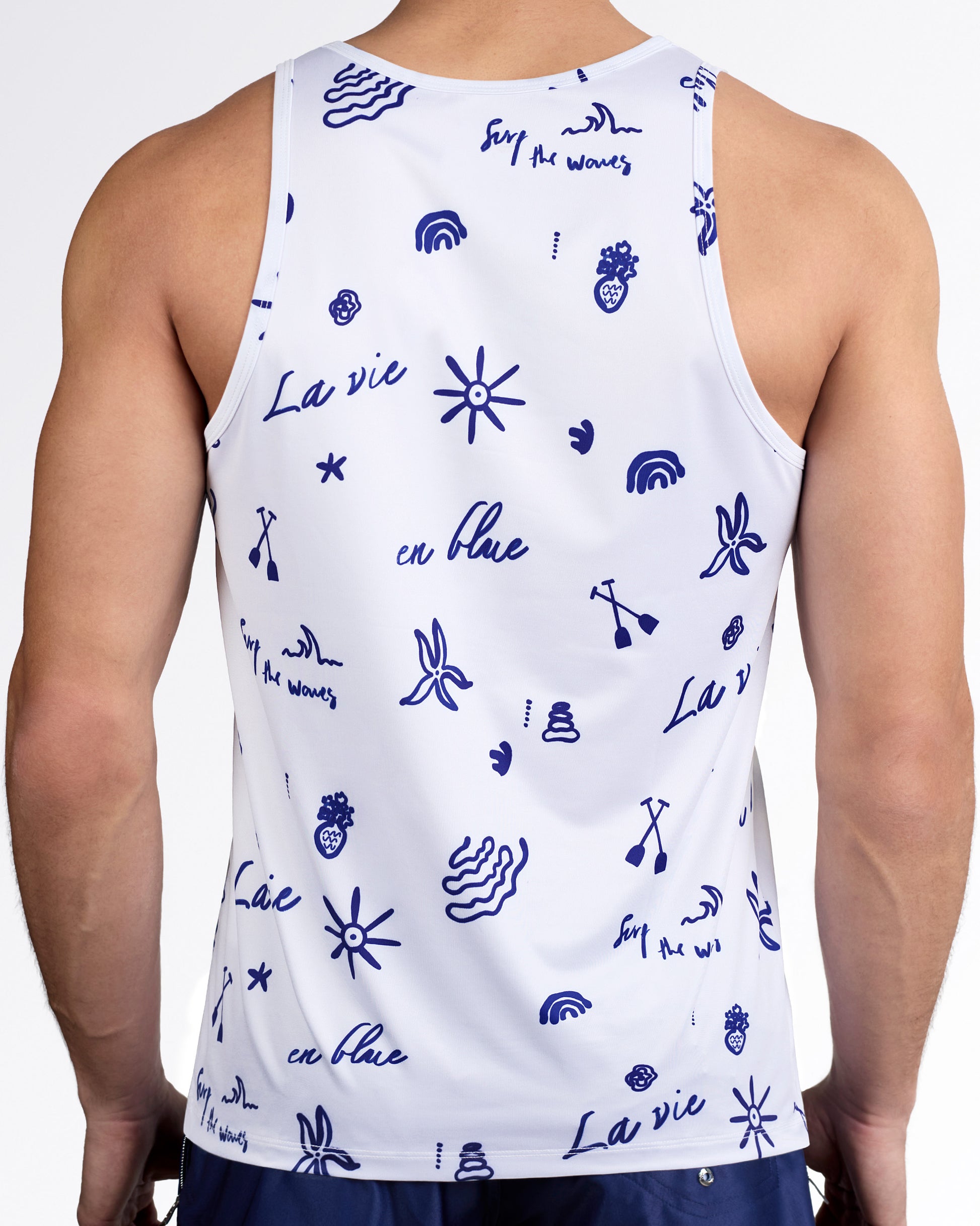 DC2 Viva La Vida (Blue) Gym Tank Top — back view highlighting full navy graphic coverage, athletic racerback cut, and smooth stretch performance fabric.