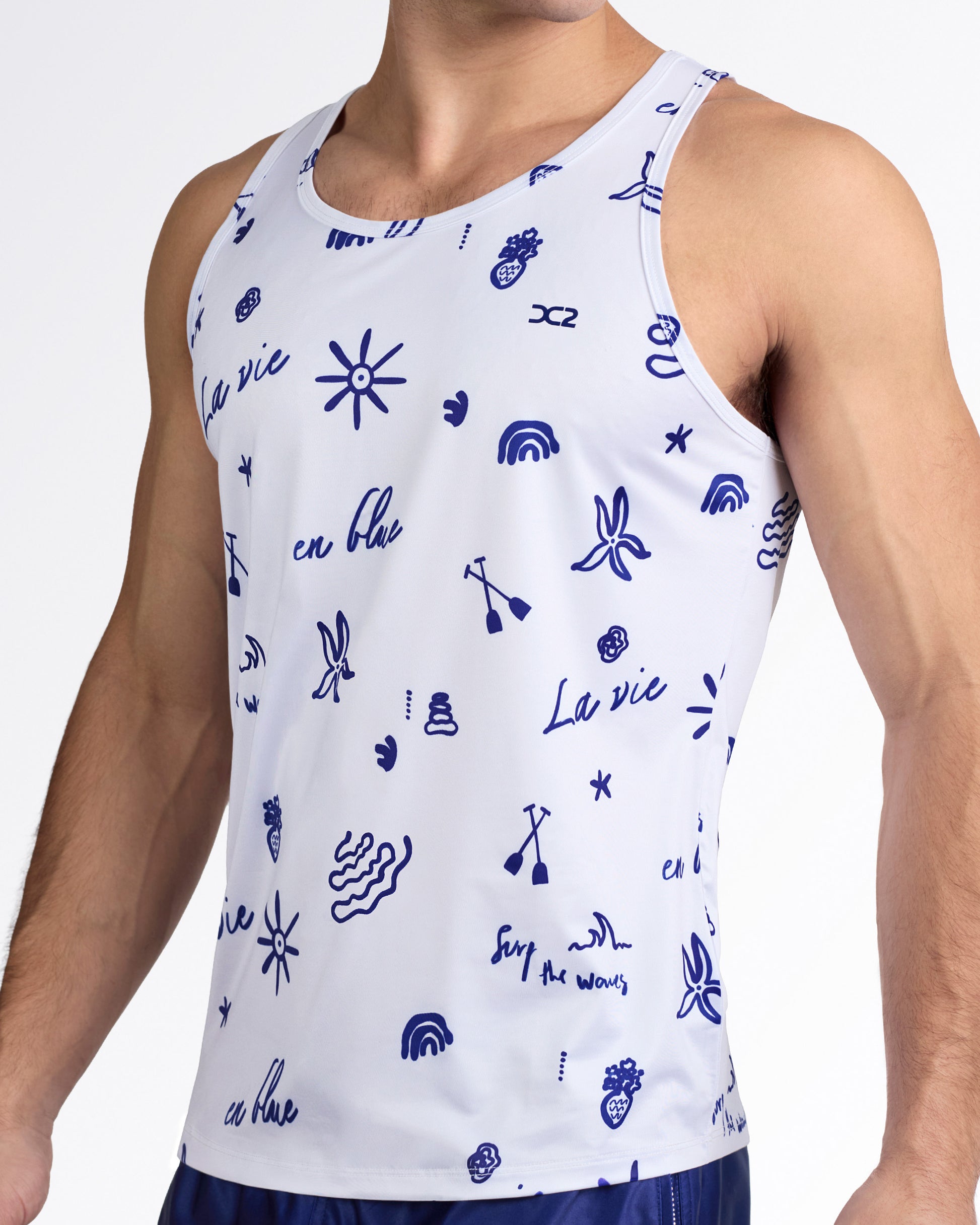 DC2 Viva La Vida (Blue) Gym Tank Top — angled side view showcasing tailored fit, breathable activewear material, and minimalist DC2 chest logo.