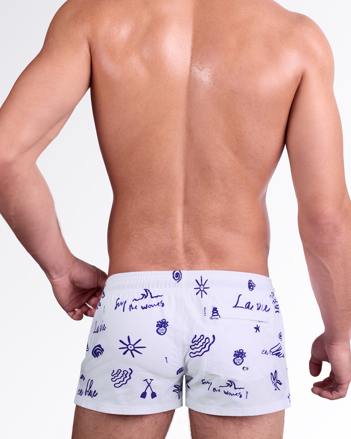 DC2 Viva La Vida (Blue) Poolside Shorts — back view showcasing the all-over blue graphic print with beach-inspired symbols and the rear pocket detail.