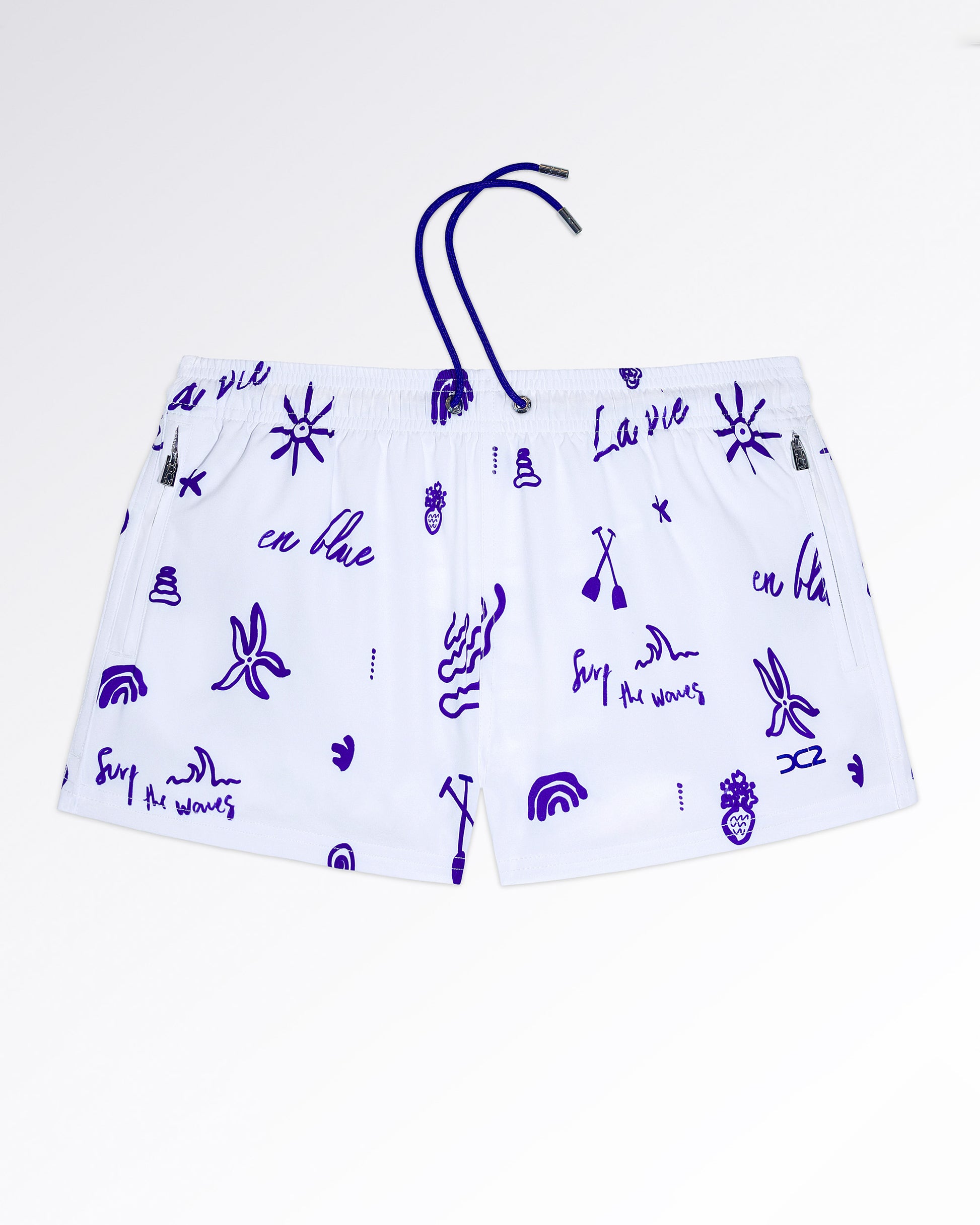 DC2 Viva La Vida (Blue) Poolside Shorts — back view showcasing the all-over blue graphic print with beach-inspired symbols and the rear pocket detail.