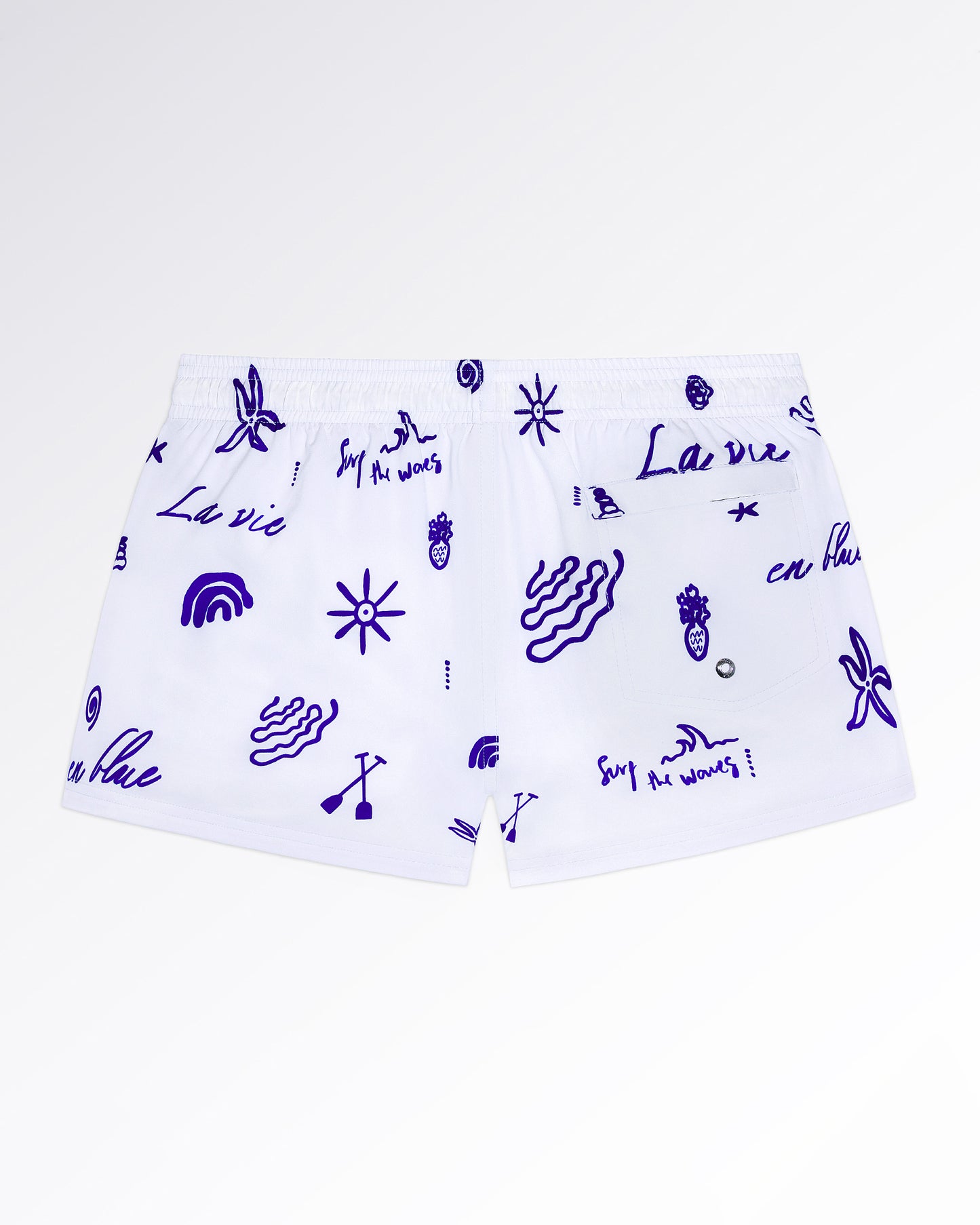DC2 Viva La Vida (Blue) Poolside Shorts — back flat-lay view displaying the full graphic print layout and rear pocket placement.