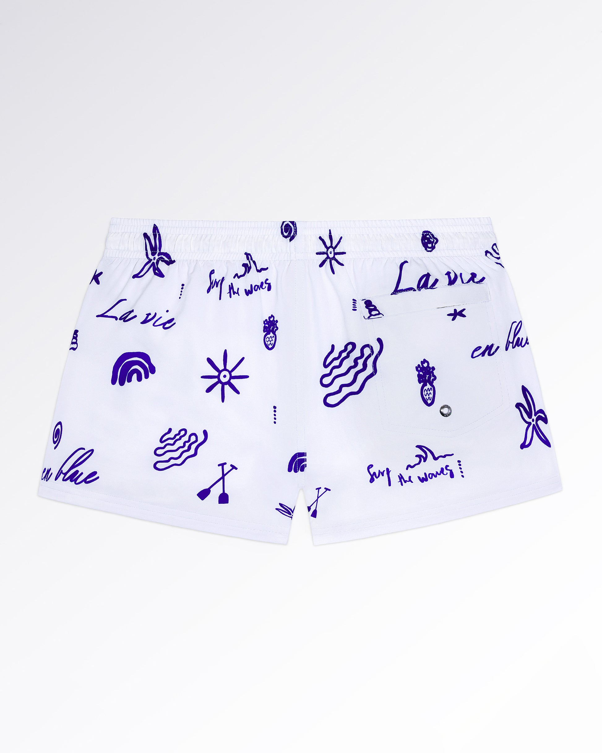 DC2 Viva La Vida (Blue) Poolside Shorts — back flat-lay view displaying the full graphic print layout and rear pocket placement.
