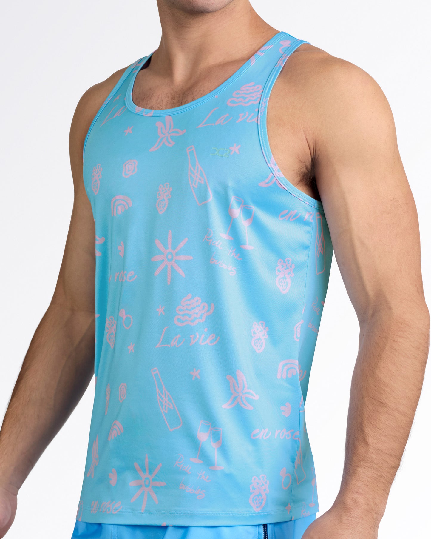 DC2 Viva La Vida (En Rose) Gym Tank Top — angled side view showcasing tailored fit, breathable activewear material, and subtle DC2 chest logo.