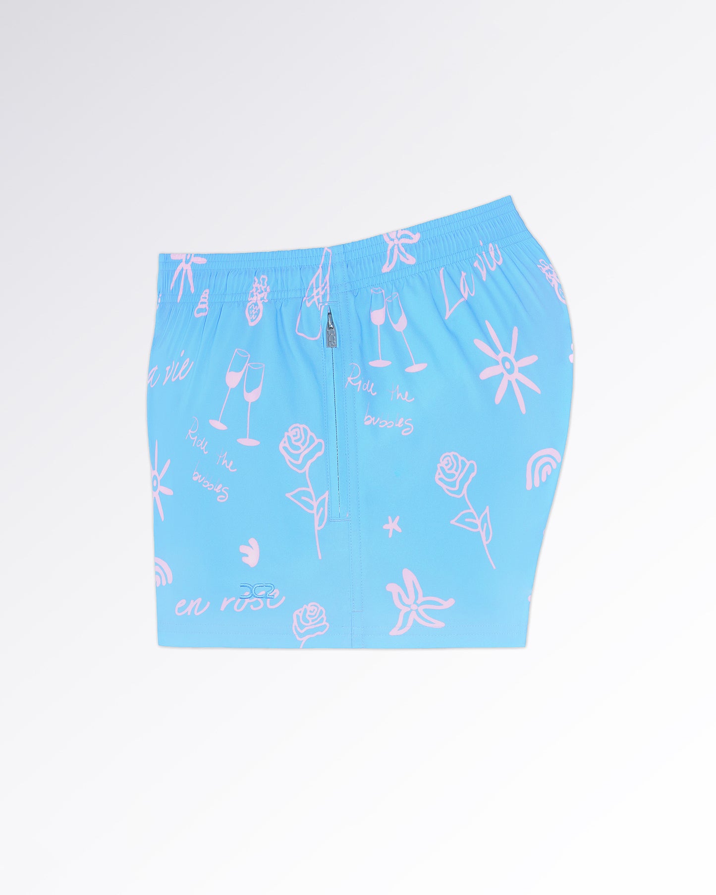 DC2 Viva La Vida (En Rose) Poolside Shorts — angled product shot emphasizing the side zipper pocket and modern short-length silhouette.