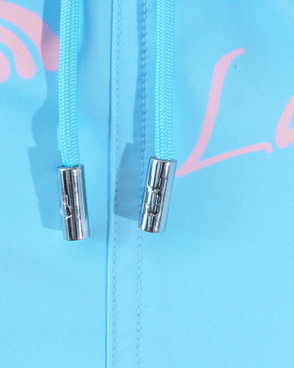 DC2 Viva La Vida (En Rose) Poolside Shorts — close-up detail of the drawstring waist with metal tips and the printed fabric texture.