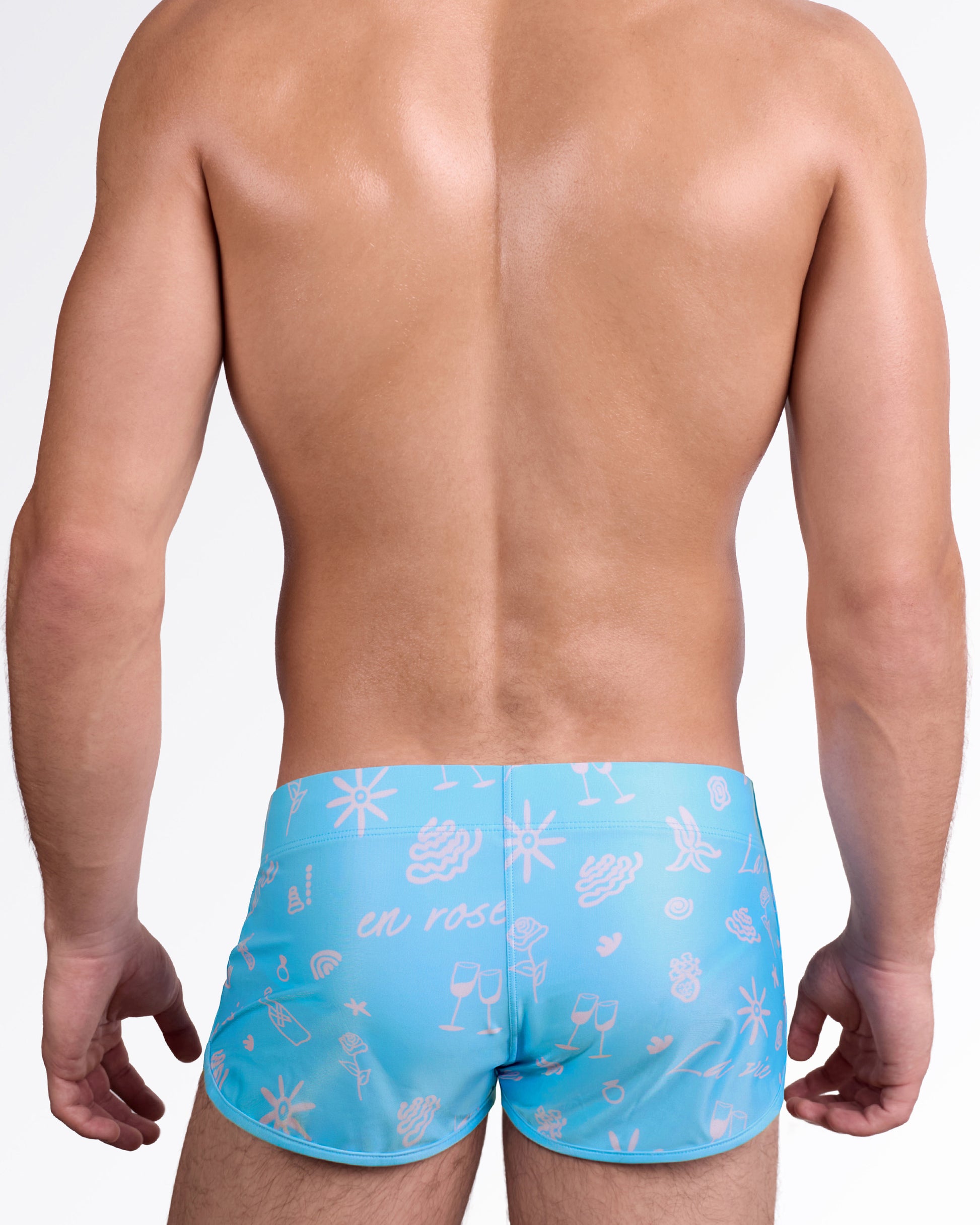 DC2 Viva La Vida (En Rose) Swim Shorts — back view showing allover illustrated print with champagne glasses, florals, and playful symbols.
