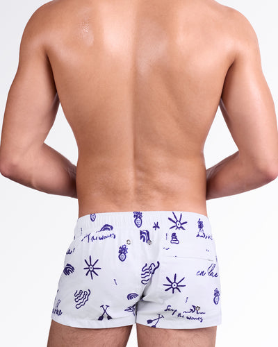 DC2 Miami Viva La Vida (Blue) Swim Mini Shorts — back view showing the allover navy print, elastic waistband, and rear pocket detail with metal eyelets.