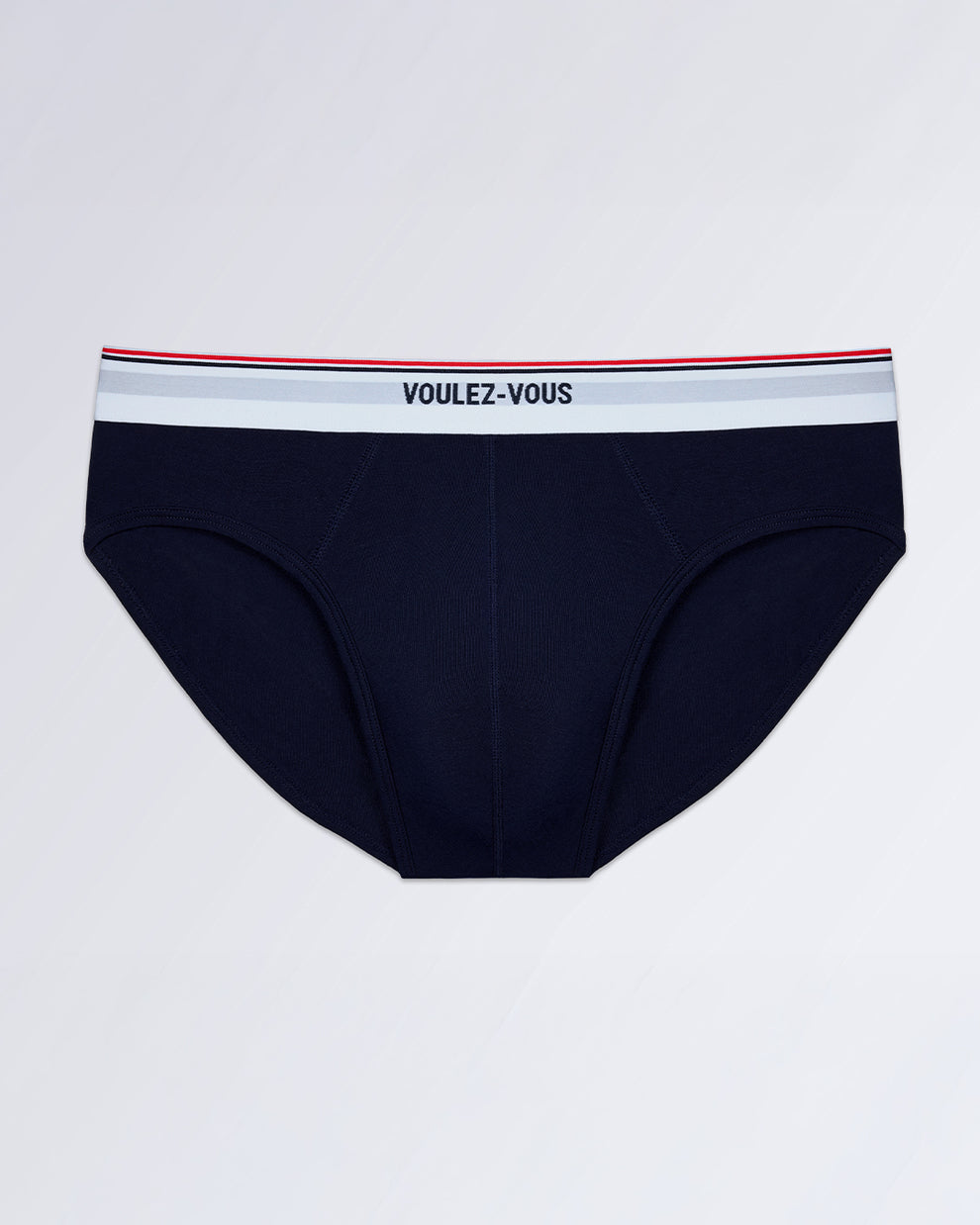 DC2 VOULEZ-VOUS Modal Brief — flat lay of men’s navy blue underwear with logo waistband.
