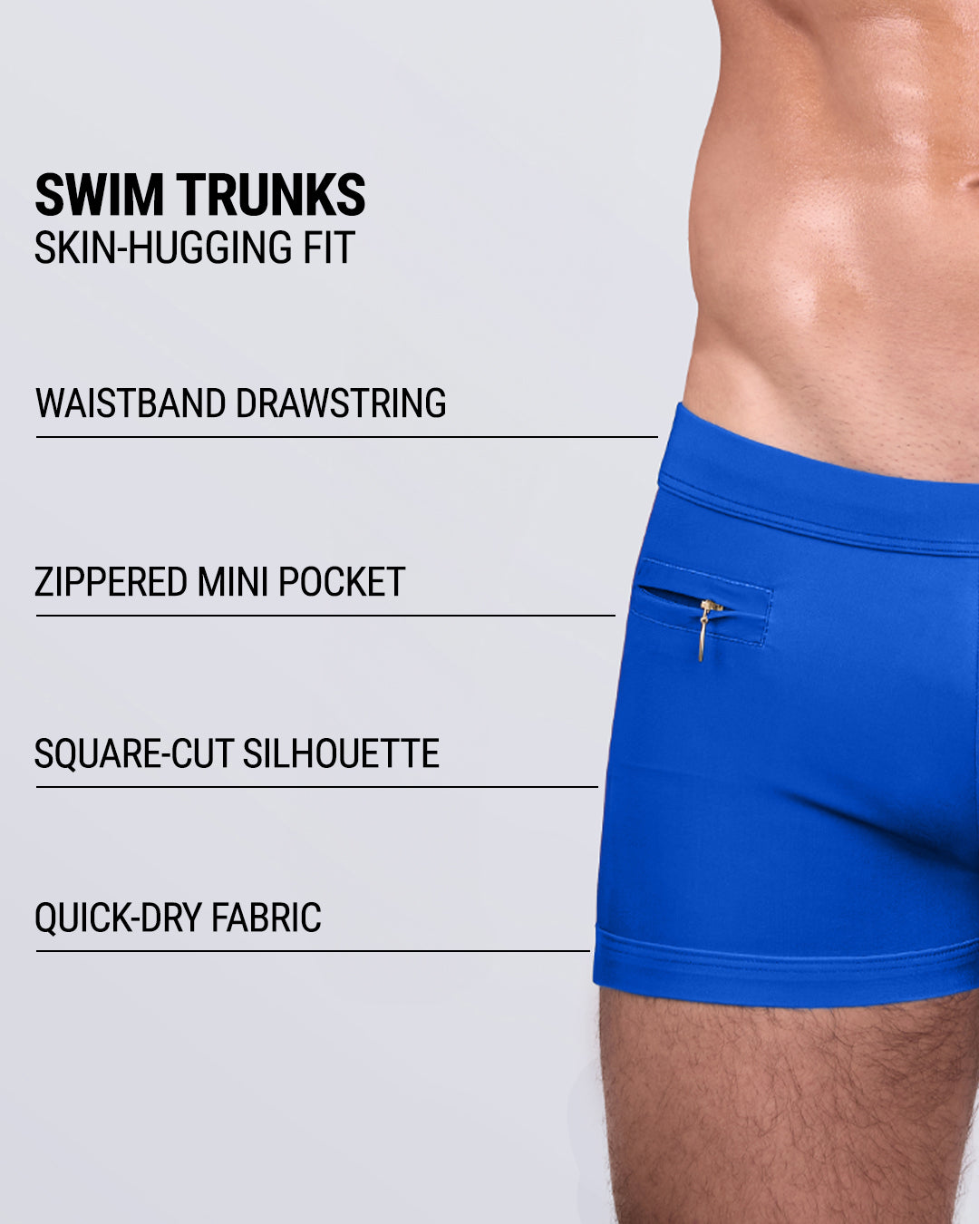 Product features of DC2 VOULEZ BLUE Swim Trunks — skin-hugging fit, waistband drawstring, zippered mini pocket, square-cut silhouette, and quick-dry fabric.