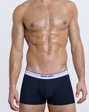 DC2 VOULEZ-VOUS Boxer Brief — model wearing navy men’s modal boxer briefs with white logo waistband.
