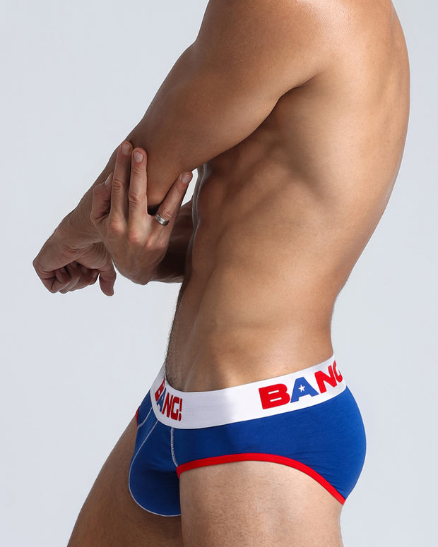 Side view of model wearing the VICTORY soft cotton underwear with a white buttery-soft elastic waitband with the BANG! Logo in blue and red for men by BANG! Miami the official brand of men&