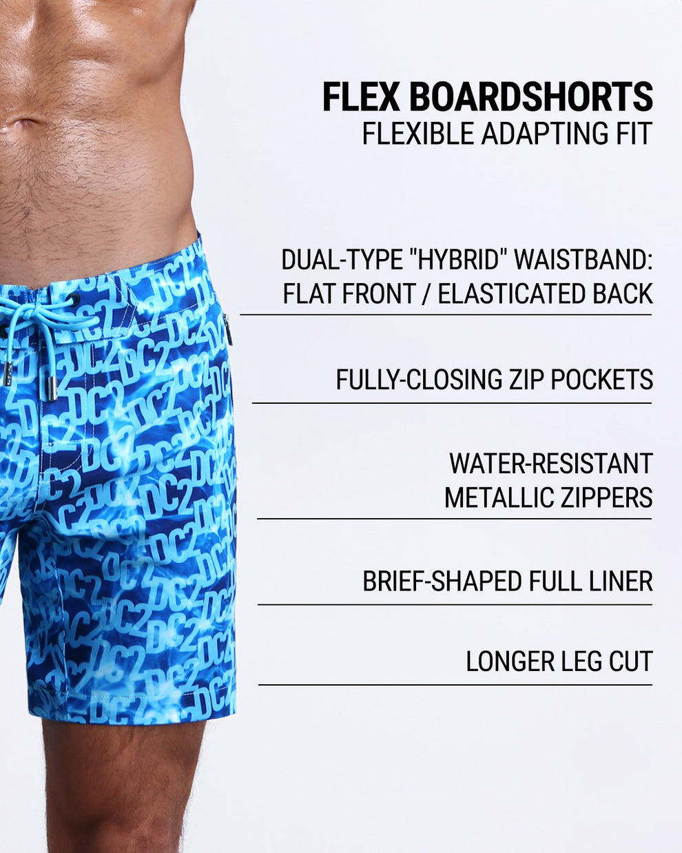 DC2’s Flex Boardshorts are designed to be incredibly flexible, adapting to fit. They come equipped with fully closing zip pockets and water-resistant metal zippers. Additionally, they have a dual-type “hybrid” waistband (flat front/elasticated back), brief-shaped full liner, and longer leg cut.